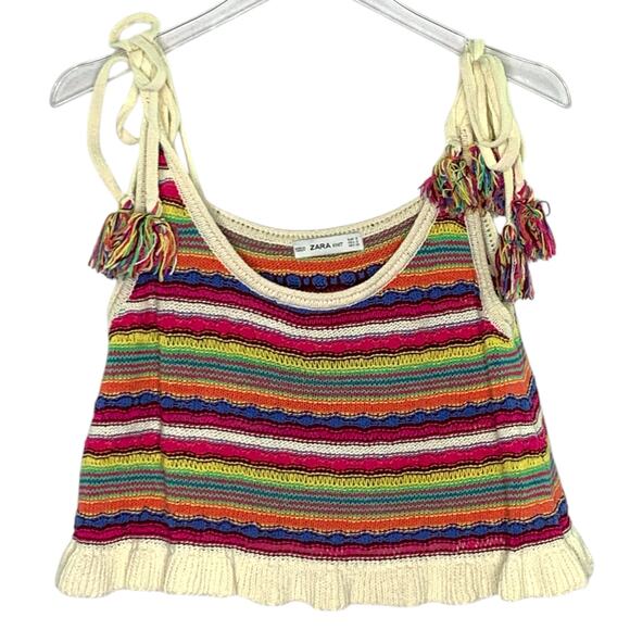 Zara S Womens Multicolor Striped Cropped Knit Top Crochet Tassel Boho Hippie - Picture 1 of 9